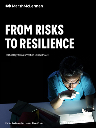 The report cover for "From Risks to Resilience" featuring a medical professional analyzing notes.